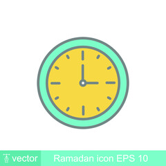 Wall clock, alarm time, fasting watch. Sahoor, sahur, suhoor time for muslim in ramadan kareem, the holy month. Clock, hour, mubarak, time icon. Vector illustration. Design on white background. EPS10
