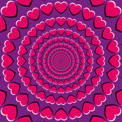 Motion illusion with heart symbols. Peripheral drift illusion, made of pink hearts on a purple background. It seems, the hearts are moving and drifting to the center, while you move your eyes. Vector. © Peter Hermes Furian