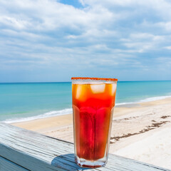 A bright red Michelada beer cocktail in a salt-rimmed glass, shining in the sun against the backdrop of an ocean beach in Florida