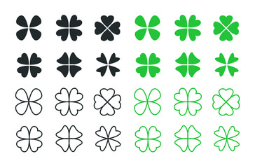 Clover set. Four leaf clover as symbol of luck. Hearth shaped leaf. Irish shamrocks or ireland tradition. Green clover leaf icon template design. Vector illustration. Design on white background. EPS10
