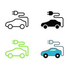 Eco friendly automobile or electric vehicle concept as modern electric in green energy refueling and e-mobility charging. Electric car icon. Vector ilustration. Design on white background. EPS 10