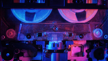 Cassette tape player, head close up. A vintage music template with a retro color look