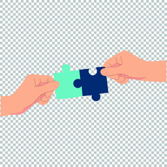 Puzzle and hand for illustration of sharing idea or brainstorming in colaboration project team. Symbol of teamwork, cooperation flat design icon. Vector illustration. Design on white background. EPS10