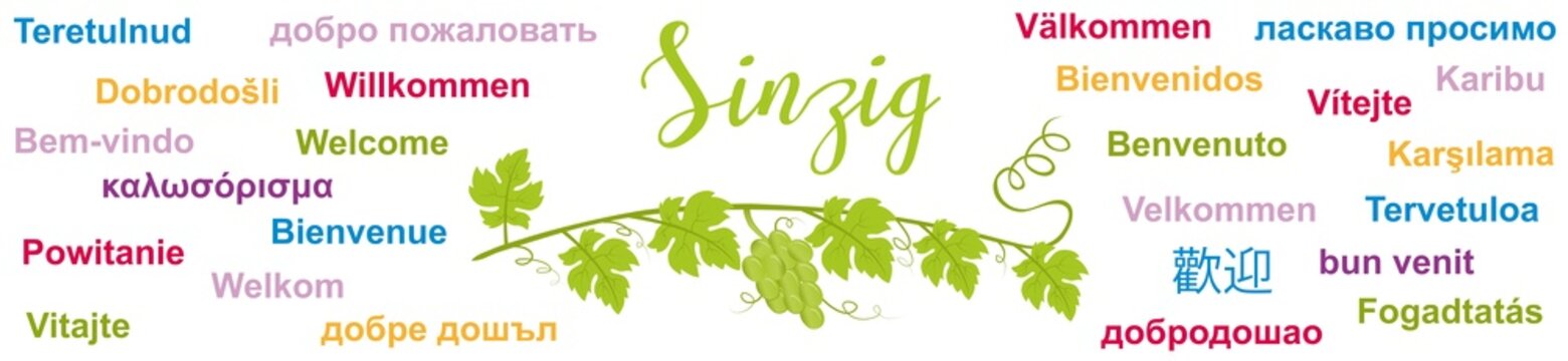 Herzlich Willkommen in Sinzig im Ahrtal, Banner mit Gr&uuml;&szlig;en in verschiedenen Fremdsprachen