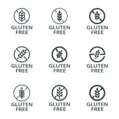 No gluten on food labels for packaging or ingredients. Food dietary label for product. No wheat symbol of allergen. Isolated gluten free icon set. Vector illustration.Design on white background. EPS10