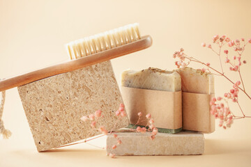 Aromatic Natural Soap. Different Handmade soap bars  on table. No plastic, zero waste concept