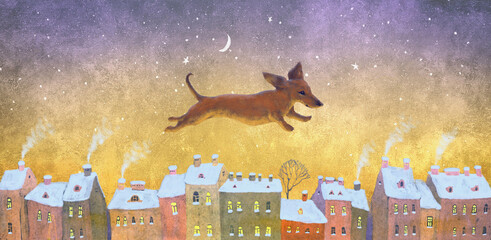 A flying dachshund under a winter town. Magical children illustration