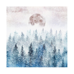Snowy spruce forest and full Moon painted with watercolor