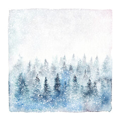 Winter forest covered with snowflakes. Watercolor painting isolated on white background.