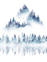 Snowy spruce forest painted with watercolor and isolated on white background