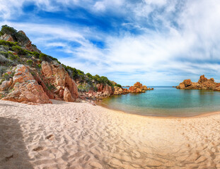 Fototapeta na wymiar Breathtaking view of Li Cossi beach on Costa Paradiso resort.