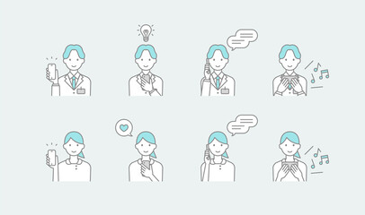 医師・薬剤師と看護師がスマートフォンを使用している線画イラストセット