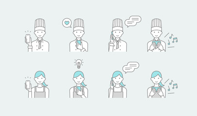 シェフとエプロン姿の女性がスマートフォンを使用している線画イラストセット