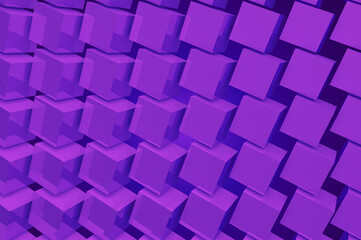 Many transparent purple 3D cubes hanging in space close to each other. 3d cubic illustration with abstract background