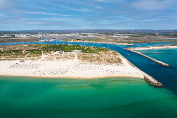 Aerial view of the Tavira Island beach, a tropical island near the town of Tavira, part of the...
