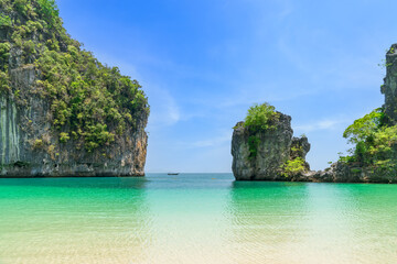 Ko Hong island and exotic beach with mountain cliff, with crystal clear water and white sand,...