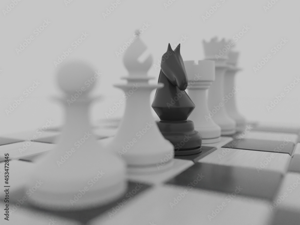 Poster 3d rendering of chess pieces on a board isolated on white background