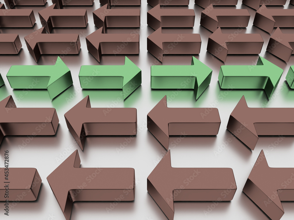 Poster 3d rendering of red and green arrows against each other isolated on white
