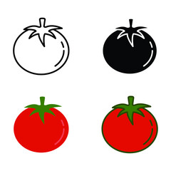 Organic fruit round tomato. Fresh and ripe of red cherry tomato. Juicy vegetable is tomato with leaf. Tomato icon, vegan, vegetarian, fresh. Vector illustration. Design on white background. EPS10