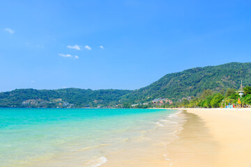 Fototapeta na wymiar Patong Beach with crystal clear water and wave, the most famous tourist destination, Phuket, Thailand