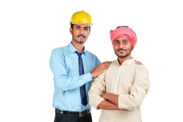 Young indian engineer with farmer on white background.