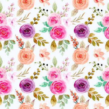 Colorful watercolor rose flower seamless pattern