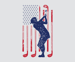 American Golf Flag and Girl Printable Vector Illustration, Young woman playing golf