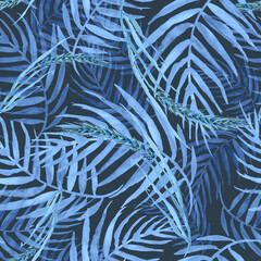 Seamless watercolor pattern background with tropical leaves, spikelet, wheat. Fern leaves, forest background. For design, fabric, paper, material. Tropical leaves.  Exotic tropical palm tree 