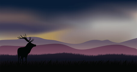 Vector silhouette landscape illustration of a deer in a meadow with aurora in the sky