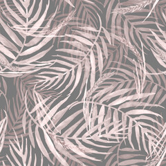 Seamless watercolor pattern background with tropical leaves, spikelet, wheat. Fern leaves, forest background. For design, fabric, paper, material. Tropical leaves.  Exotic tropical palm tree  - obrazy, fototapety, plakaty