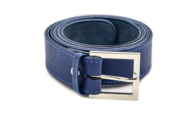 Women's blue leather waist belt with silver metal buckle on white background