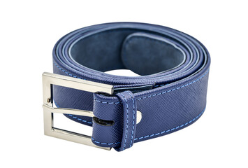 Women's blue leather waist belt with silver metal buckle on white background