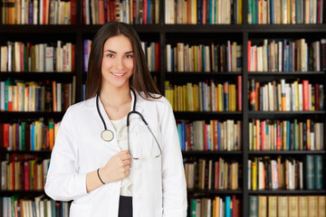 young female doctor - library background