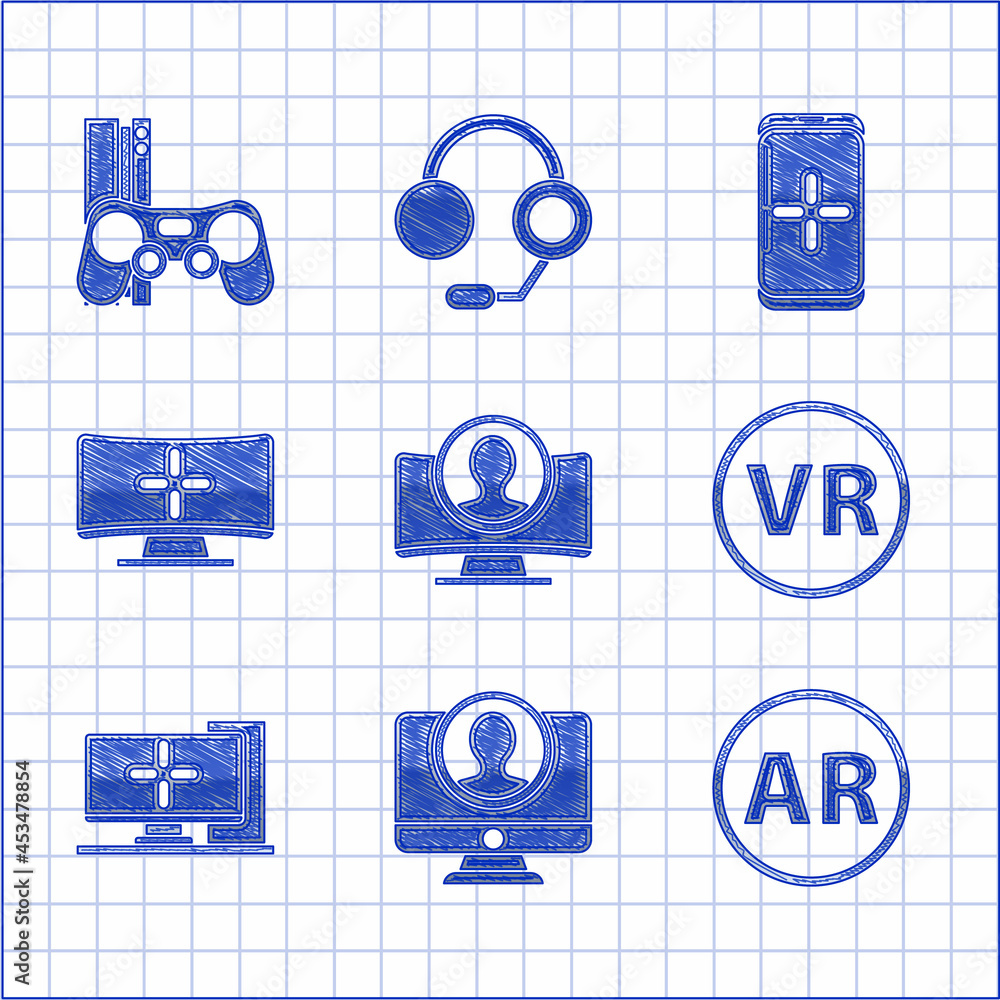 Poster Set Create account screen, Ar, augmented reality, Virtual glasses, Computer monitor, Smartphone and playing in game and Game console with joystick icon. Vector