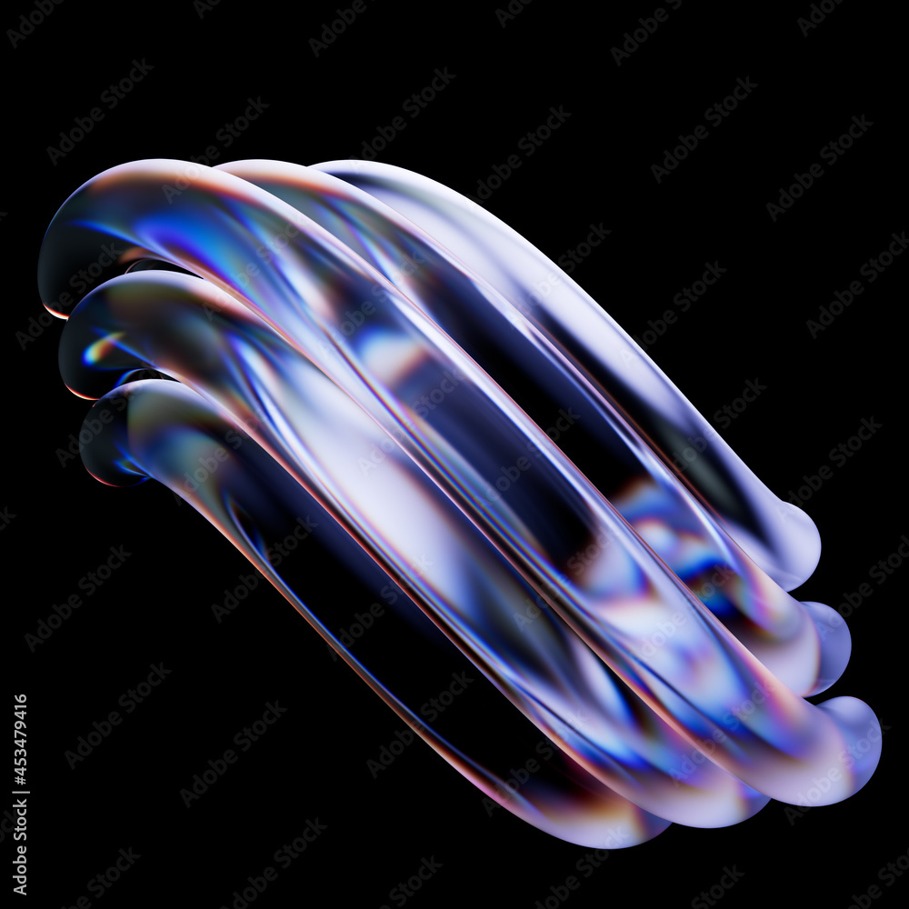 Poster round deformed cylinders. detailed reflections and refractions. 3d render background with abstract t