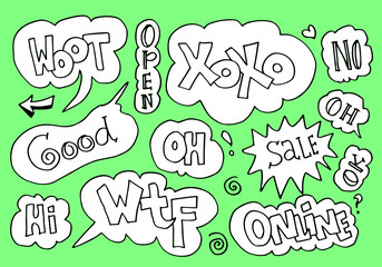 Hand drawn set of speech bubbles with handwritten short phrases  woot, open, xoxo, good, sale, wtf, online and more on green background.