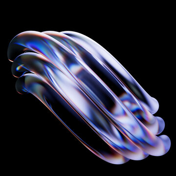 Round deformed cylinders. Detailed reflections and refractions. 3d render background with abstract transparent geometry with dispersion effect.