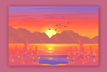 Premium vector sunset illustration with river tree mountain and birds