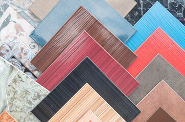 Samples of a colorful ceramic tile in store close