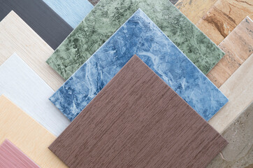 Samples of a colorful ceramic tile in store close