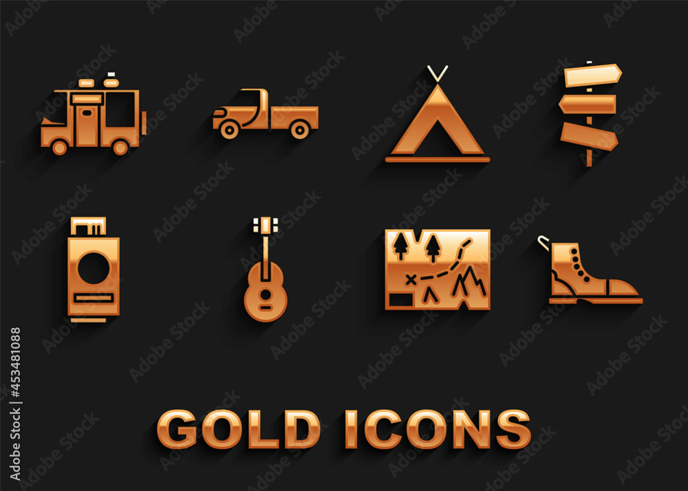 Sticker Set Guitar, Road traffic signpost, Hiking boot, Folded map with location, Passport ticket, Tourist tent, Rv Camping trailer and Pickup truck icon. Vector