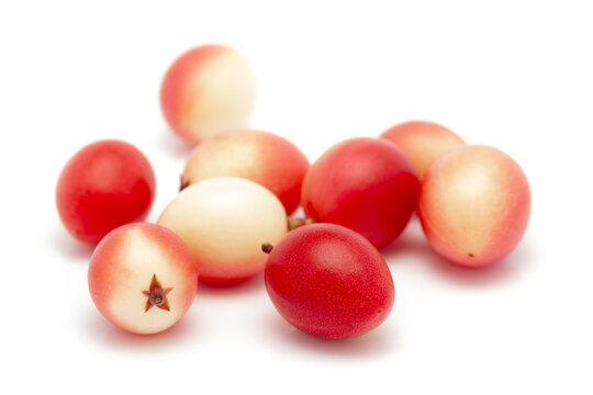 Micro close-up and details of Organic white pink Indian karonda (Carissa carandas) carandas plum and karanda isolated over white background.