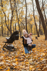 Mom and toddler baby daughter are walking in autumn park with baby stroller. Happy family mom and toddler baby girl playing outdoors in fall park. Fall activities for toddlers