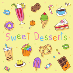 Sweet Icon Set Cute Flat Outline Style Decoration Element Symbol Vector Illustration, Macaron, Milkshake, Cookie, Ice cream, Candy, Coffee, Cake, Bubble Milk Tea Pudding, Cupcake, Pretzel, Chocolate 
