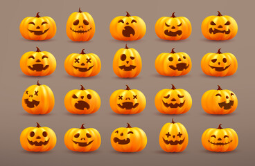 Set of Halloween pumpkin ghost.Vector of Cute Halloween pumpkin on brown background.Orange pumpkin with Scary and funny faces for Halloween.Vector illustration EPS10