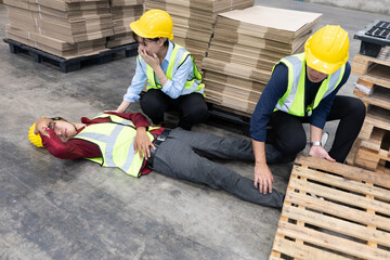 man factory worker have a leg accident from wooden crate and lying on the floor