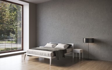 3d visualization of a double bed with bedside tables in a minimalistic interior, 3D illustration, cg render