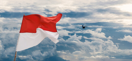 Indonesia National Flag on cloudy blue sky background with a flying seagull bird