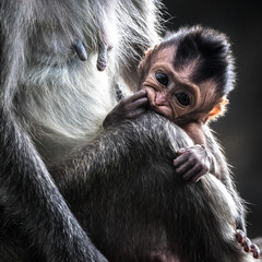 baby monkey stand nect to his mother 