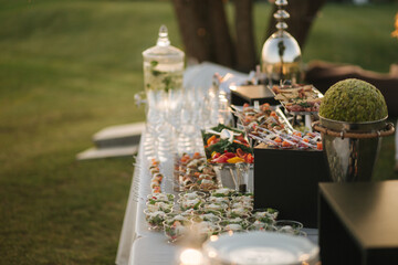 Side view of beautiful catering outdoors on sunset. Tasty salad and snacks served on table at summer terrace in restaurant. Food concept. Different kind of food and drinks on the table